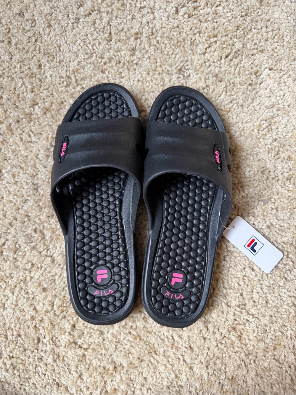 Fila Black Slide Sandals with Pink Logo Accents